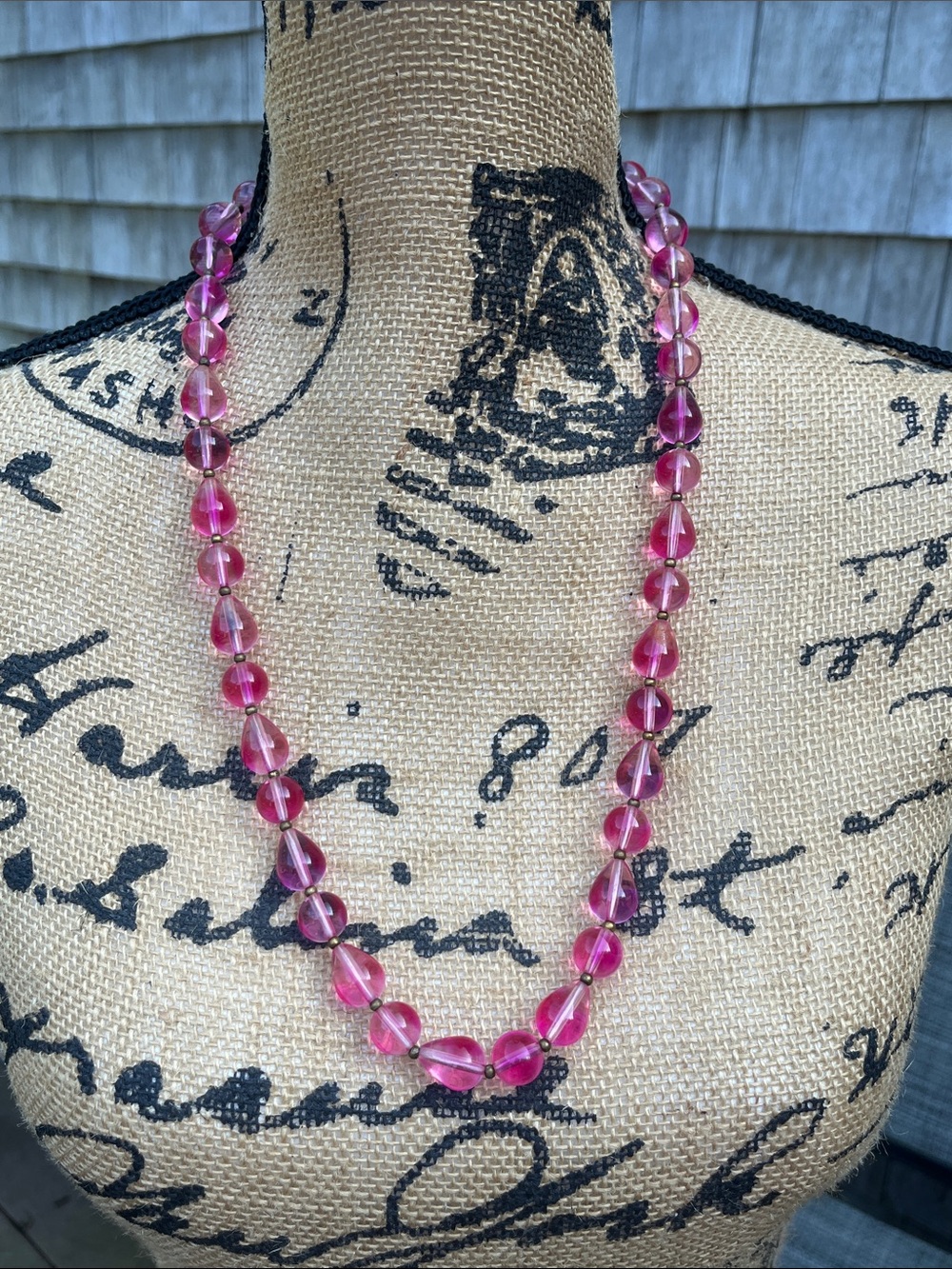 Vintage Mid Century Pink Lucite Teardrop Beaded Necklace Hidden Push Clasp